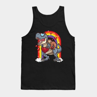 Sloth Riding Dinosaur T-Rex Red Hearts Dino Rainbow Tank Top